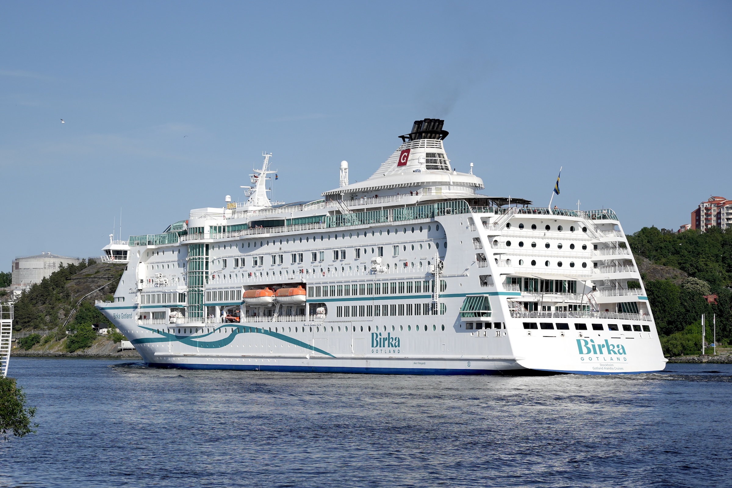 Cruise ship in Stockholm archipelago at evening sun